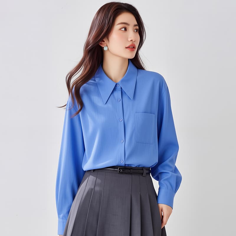 품격 파란색 셔츠 프랑스식 출퇴근 연령 감소 긴팔 2026 봄 새로운 단색 POLO 칼라 Chic 맨위 이미지 5