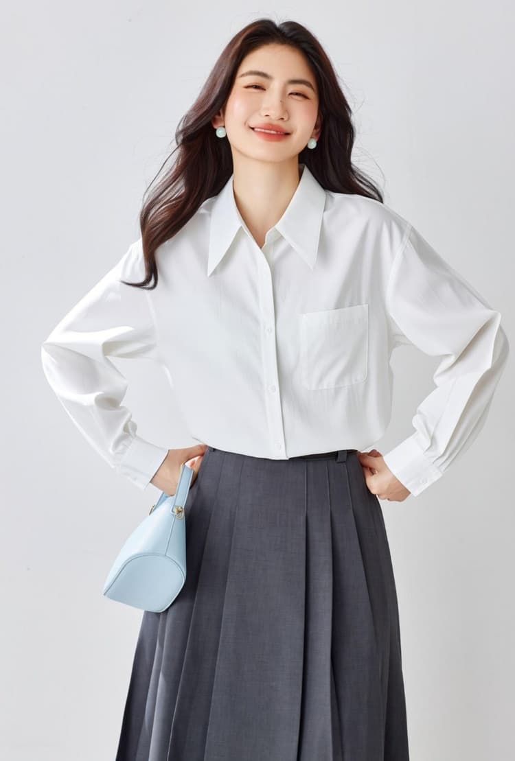 품격 파란색 셔츠 프랑스식 출퇴근 연령 감소 긴팔 2026 봄 새로운 단색 POLO 칼라 Chic 맨위 상세 이미지 12