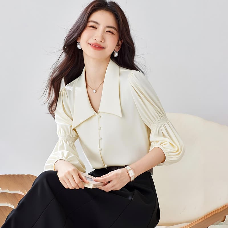 프랑스식 레트로 V넥 거품 소매 여성 셔츠 2026 봄 가을 새로운 디자인 센스 긴팔 셔츠 Chic 맨위