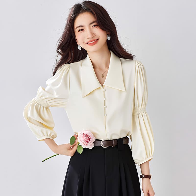 프랑스식 레트로 V넥 거품 소매 여성 셔츠 2026 봄 가을 새로운 디자인 센스 긴팔 셔츠 Chic 맨위 이미지 2