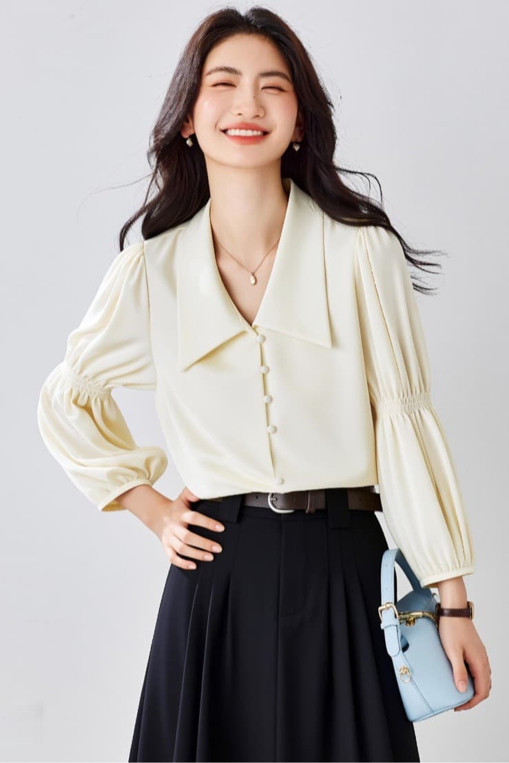 프랑스식 레트로 V넥 거품 소매 여성 셔츠 2026 봄 가을 새로운 디자인 센스 긴팔 셔츠 Chic 맨위 이미지 6