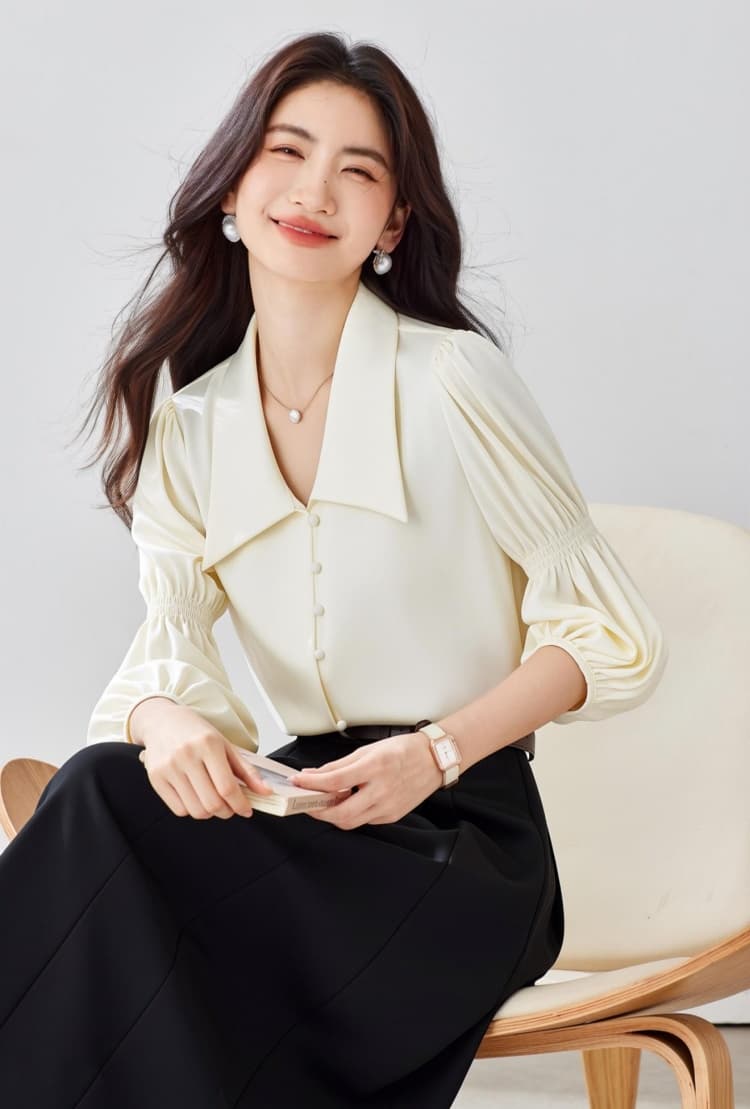 프랑스식 레트로 V넥 거품 소매 여성 셔츠 2026 봄 가을 새로운 디자인 센스 긴팔 셔츠 Chic 맨위 상세 이미지 6