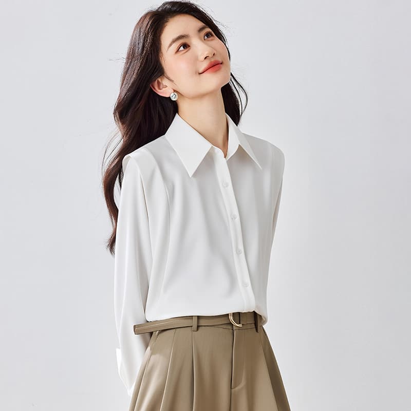 실사 봄 프랑스식 화이트 여성 셔츠 디자인 센스 작은 대중 고급 저항 주름 긴팔 품격 Chic 맨위 새틴 이미지 2