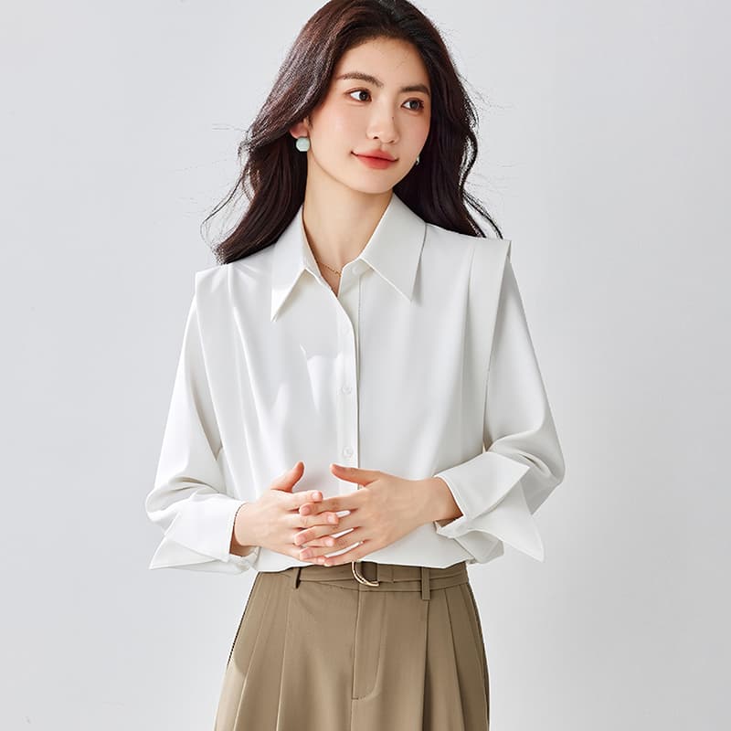 실사 봄 프랑스식 화이트 여성 셔츠 디자인 센스 작은 대중 고급 저항 주름 긴팔 품격 Chic 맨위 새틴 이미지 5