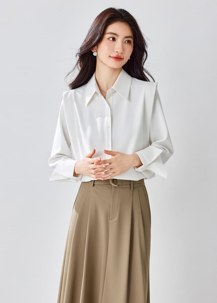 실사 봄 프랑스식 화이트 여성 셔츠 디자인 센스 작은 대중 고급 저항 주름 긴팔 품격 Chic 맨위 새틴 상세 이미지 1