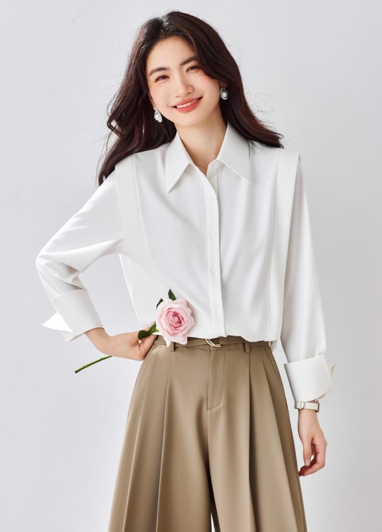 실사 봄 프랑스식 화이트 여성 셔츠 디자인 센스 작은 대중 고급 저항 주름 긴팔 품격 Chic 맨위 새틴 상세 이미지 8