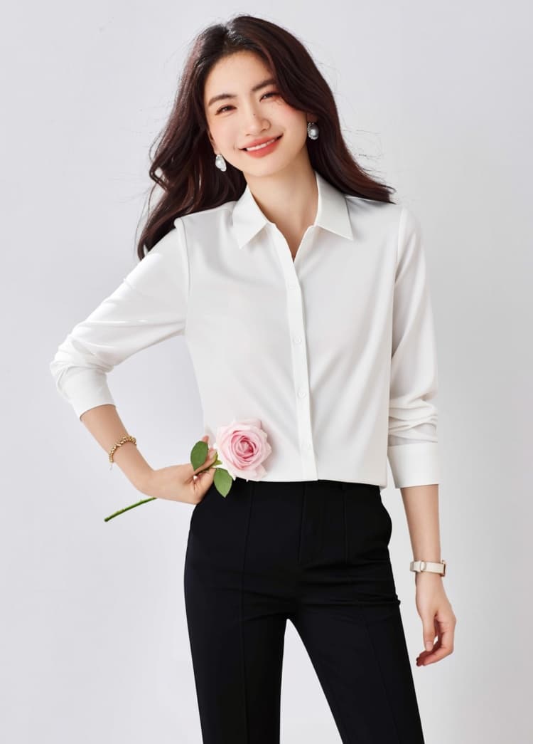 실사 미니멀리즘 고급 센스 녹색 새틴 여성 셔츠 경력 면접 셔츠 디자인 센스 작은 대중 맨위 상세 이미지 8
