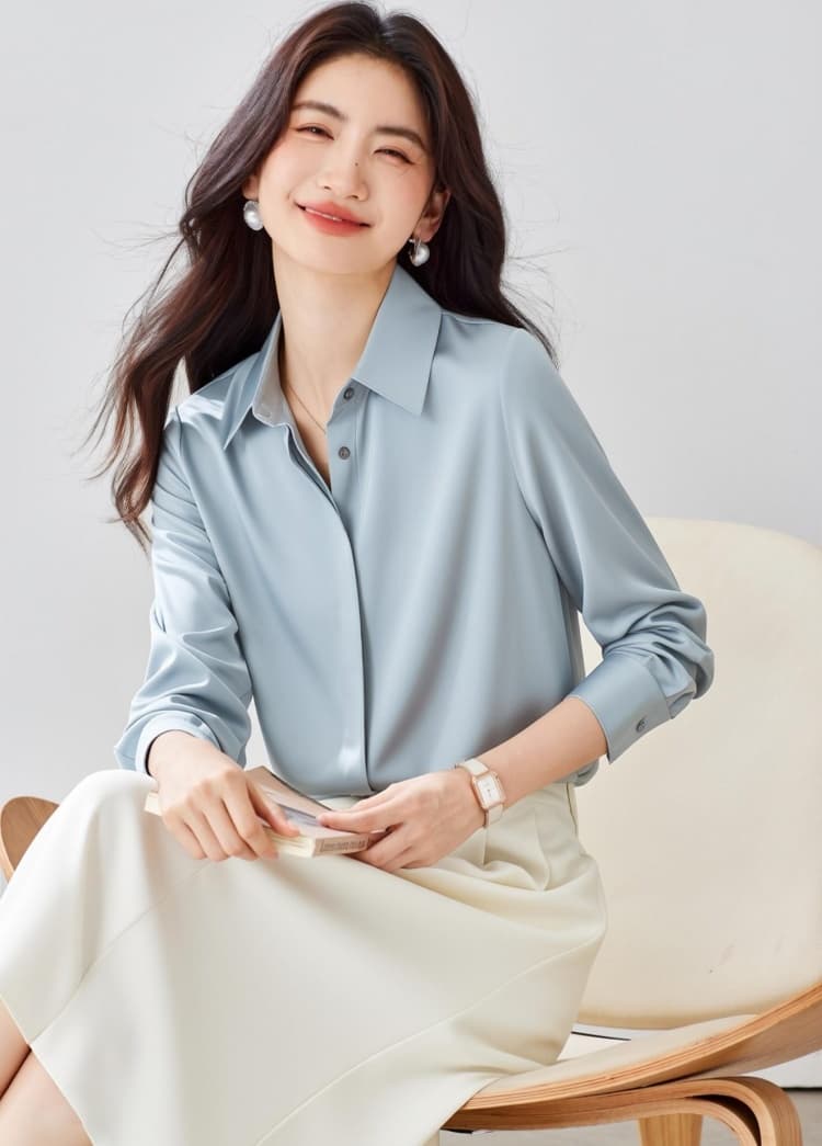 8 색상 봄 회색 파란색 새틴 셔츠 여성 긴 소매 가을 다용도 어두운 문 襟 레트로 항구 바람 도루 센스 출퇴근 빛 요리 한 상세 이미지 1