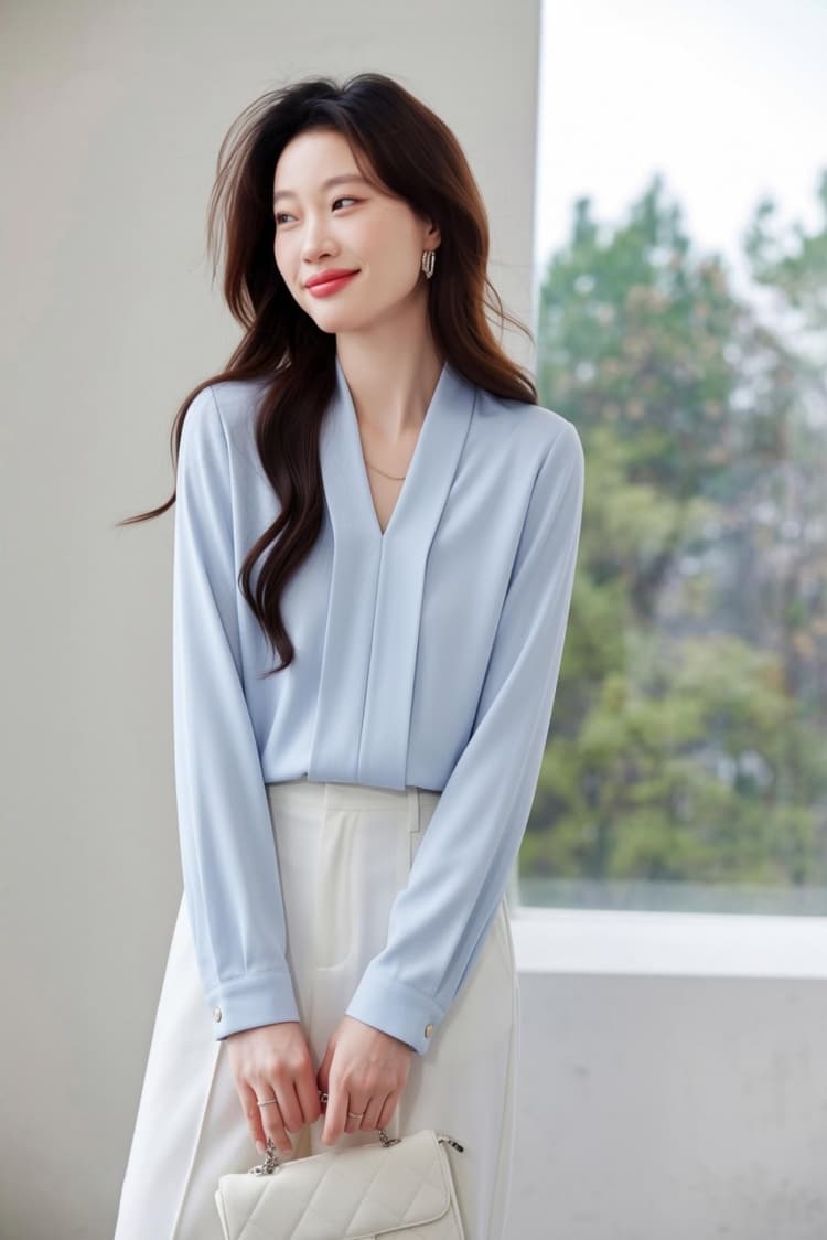 2026 봄 가을 외국 가스 화이트 V넥 새틴 셔츠 여성 긴 소매 루즈핏 슬림해 보이는 다용도 경력 품격 여성 셔츠 상세 이미지 5