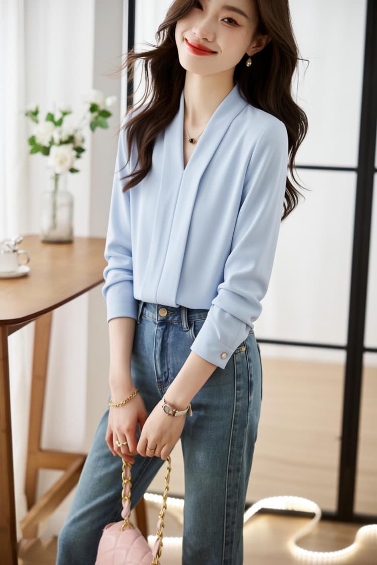 2026 봄 가을 외국 가스 화이트 V넥 새틴 셔츠 여성 긴 소매 루즈핏 슬림해 보이는 다용도 경력 품격 여성 셔츠 상세 이미지 14