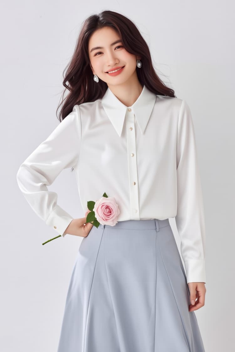 화이트 아세트산 새틴 긴팔 셔츠 여성 이른 봄 패션 외국 가스 고급 센스 ol 출퇴근 미니멀리즘 광택 셔츠 상세 이미지 1