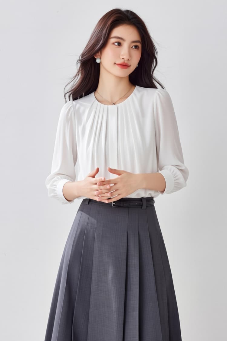 패션 라운드 넥 화이트 쉬폰 여성 셔츠 2026 봄 가을 다용도 셔츠 오픈 가디건 품격 출퇴근 7부 소매 맨위 상세 이미지 1
