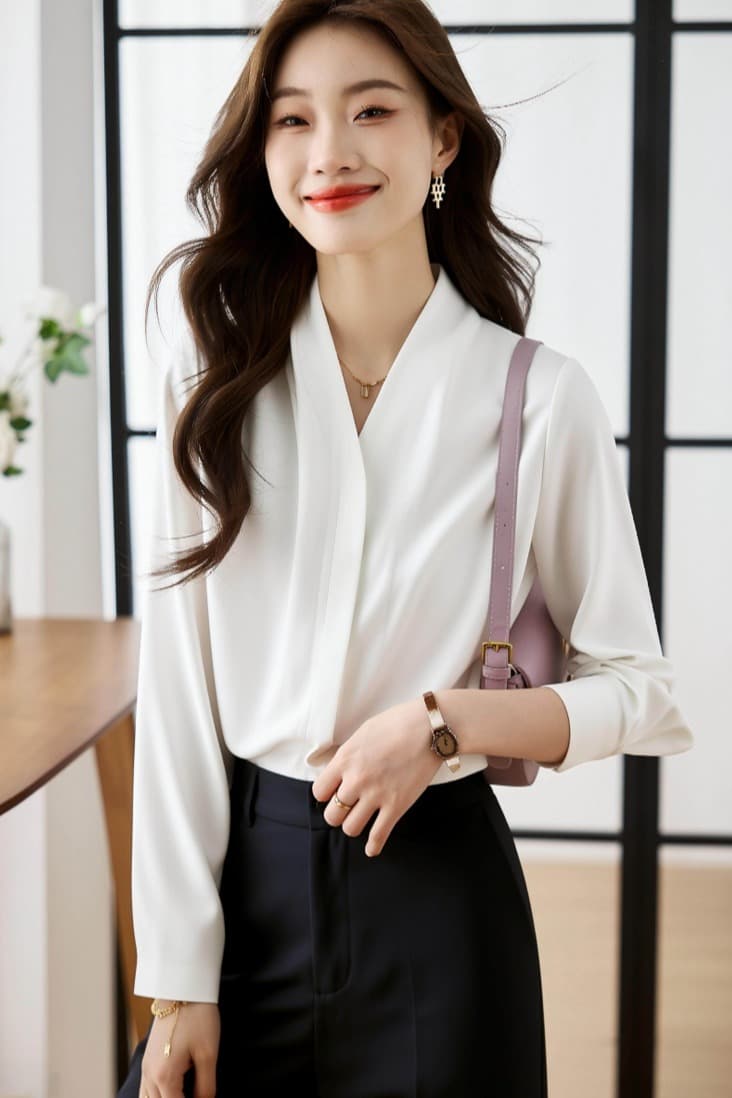 고급 센스 긴팔 여성 셔츠 2026 봄 새로운 우유 화이트 살구 품격 V넥 Chic 맨위 ol 세련된 chic 이미지 6