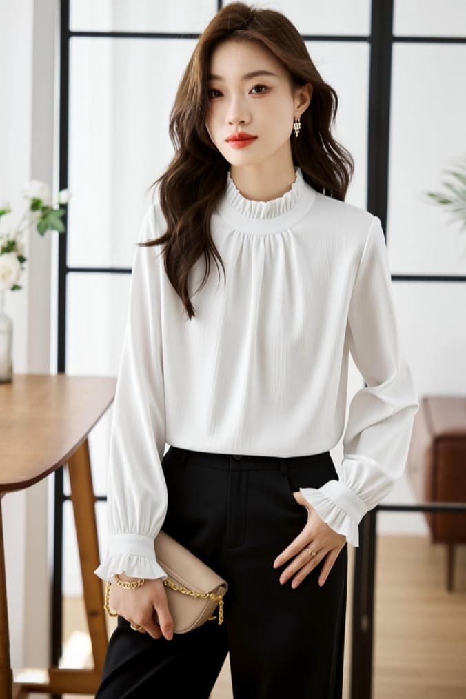 프랑스식 우아함 2026 봄 가을 출퇴근 프릴 스택 착용 긴팔 여성 셔츠 화이트 인사이드 가져 가라. 쉬폰 블라우스 맨위 이미지 6