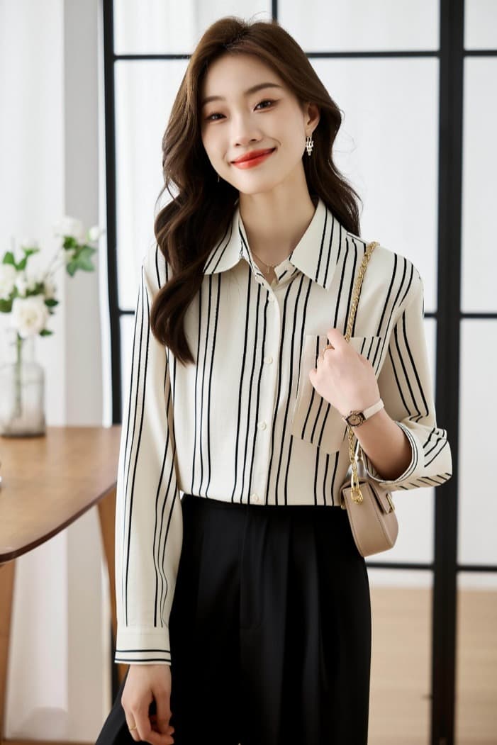 2026 봄 가을 새로운 미니멀리즘 출퇴근 세로 줄무늬 여성 셔츠 품격 쉬폰 루즈핏 다용도 만나는 외출용 맨위 이미지 6