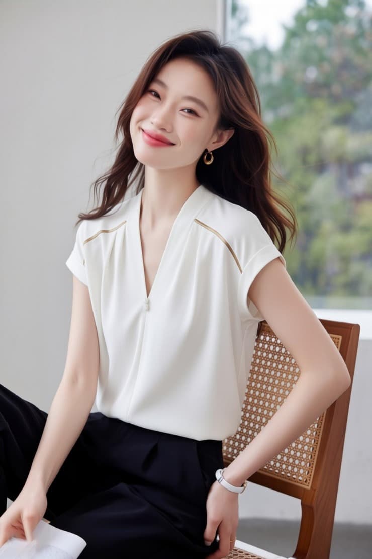 V넥 반팔 쉬폰 블라우스 외국 가스 연령 감소 여성 2026 여름 새로운 한국 스타일 Chic 출퇴근 풀오버 스트레이트 맨위 이미지 6