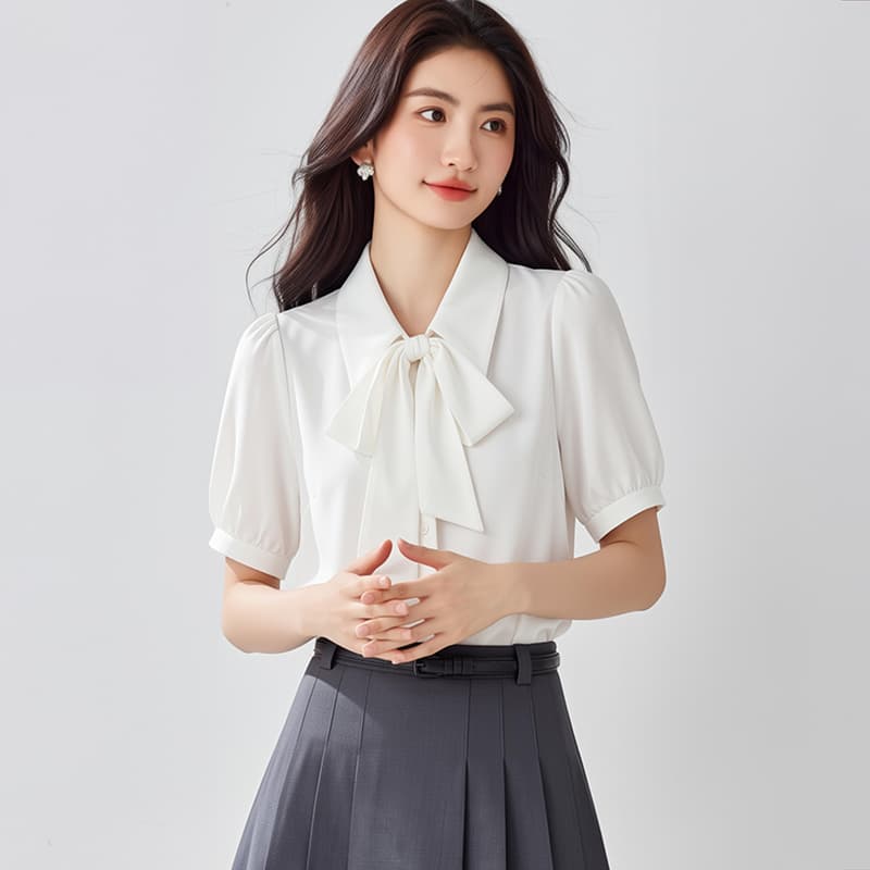 화이트 리본 쉬폰 반팔 여성 셔츠 여름 얇은 스타일 한 부서 부드러운 달콤함 외국 가스 도루 센스 작은 대중 항구 바람 셔츠 이미지 4