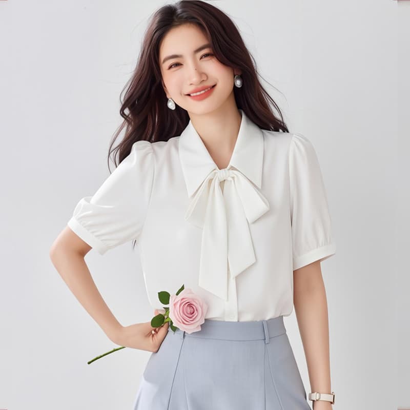 화이트 리본 쉬폰 반팔 여성 셔츠 여름 얇은 스타일 한 부서 부드러운 달콤함 외국 가스 도루 센스 작은 대중 항구 바람 셔츠 이미지 3