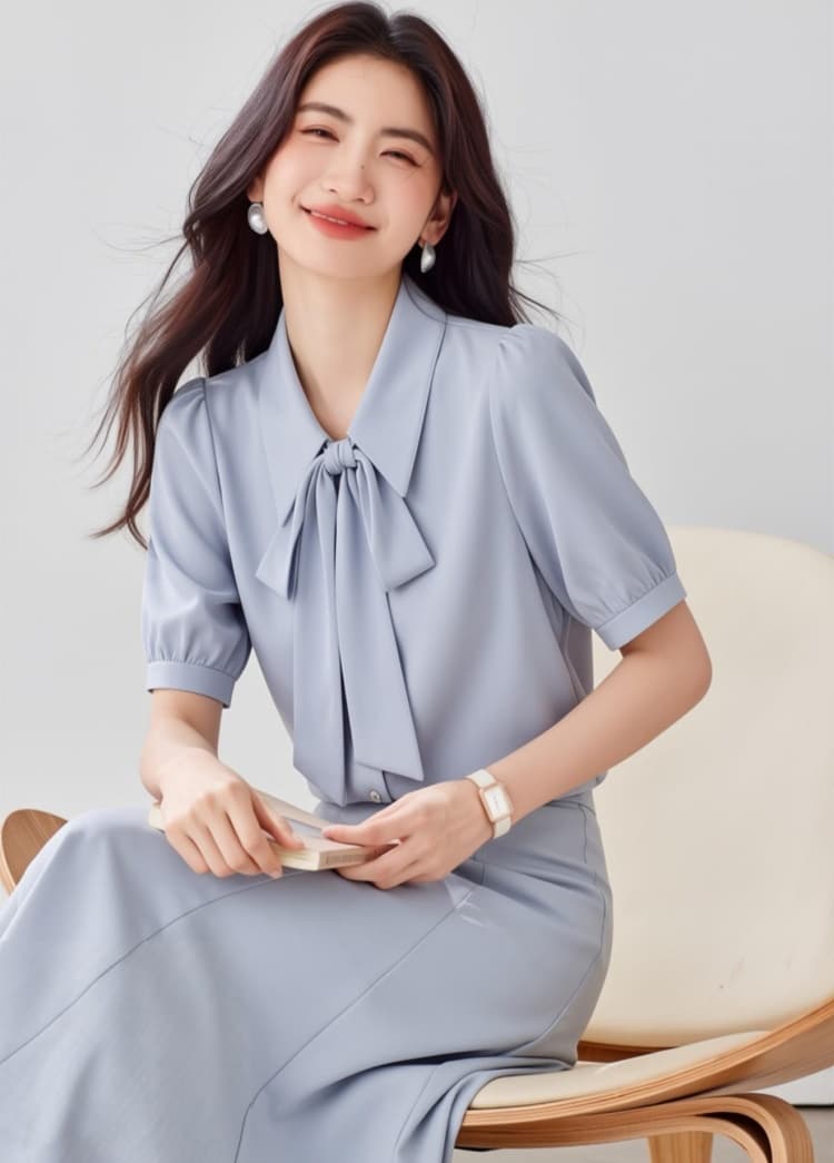 화이트 리본 쉬폰 반팔 여성 셔츠 여름 얇은 스타일 한 부서 부드러운 달콤함 외국 가스 도루 센스 작은 대중 항구 바람 셔츠 상세 이미지 1