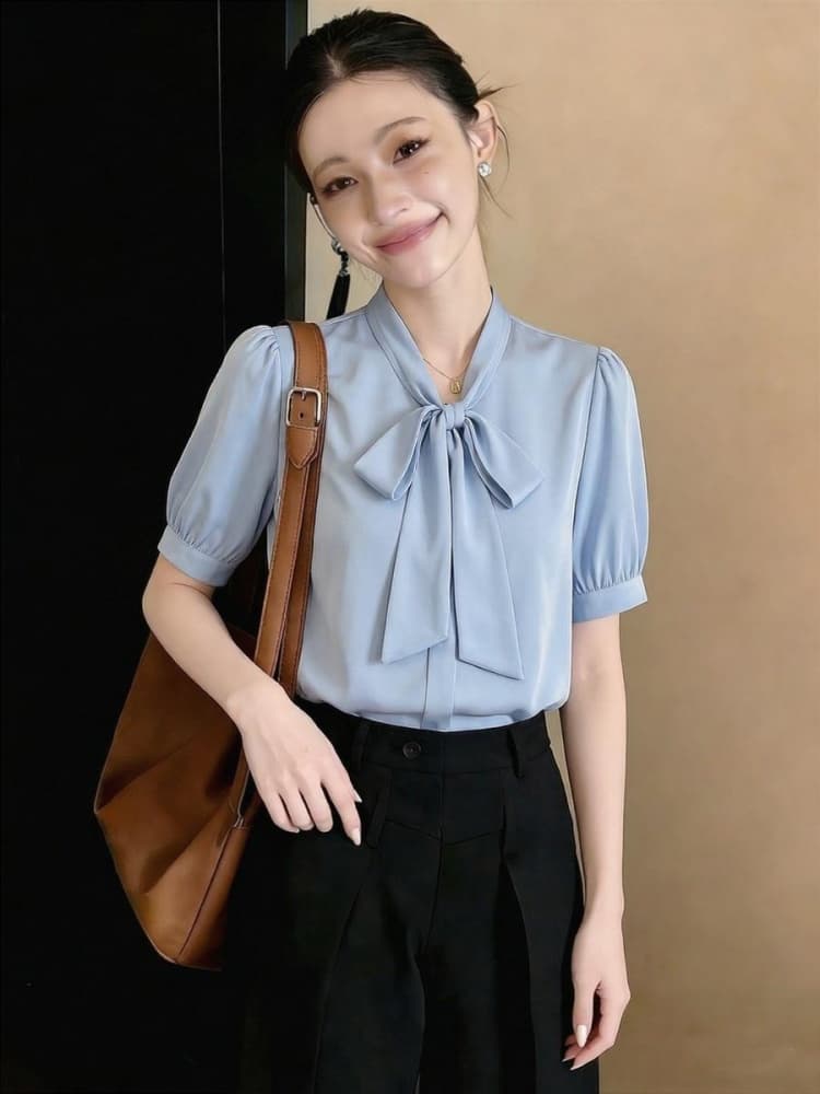 화이트 새틴 리본 셔츠 여성용 짧은 소매 여름 디자인 센스 작은 대중 항구 바람 출퇴근 경력 맨위 다용도 레이스업 상세 이미지 1