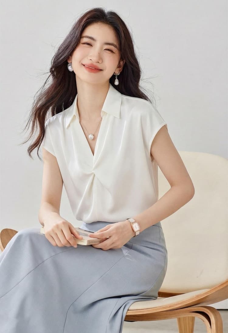 프랑스식 작은 대중 외국 가스 반팔 여성 셔츠 2026 여름 비틀림 진주 사슬 디자인 센스 경력 출퇴근 맨위 상세 이미지 13