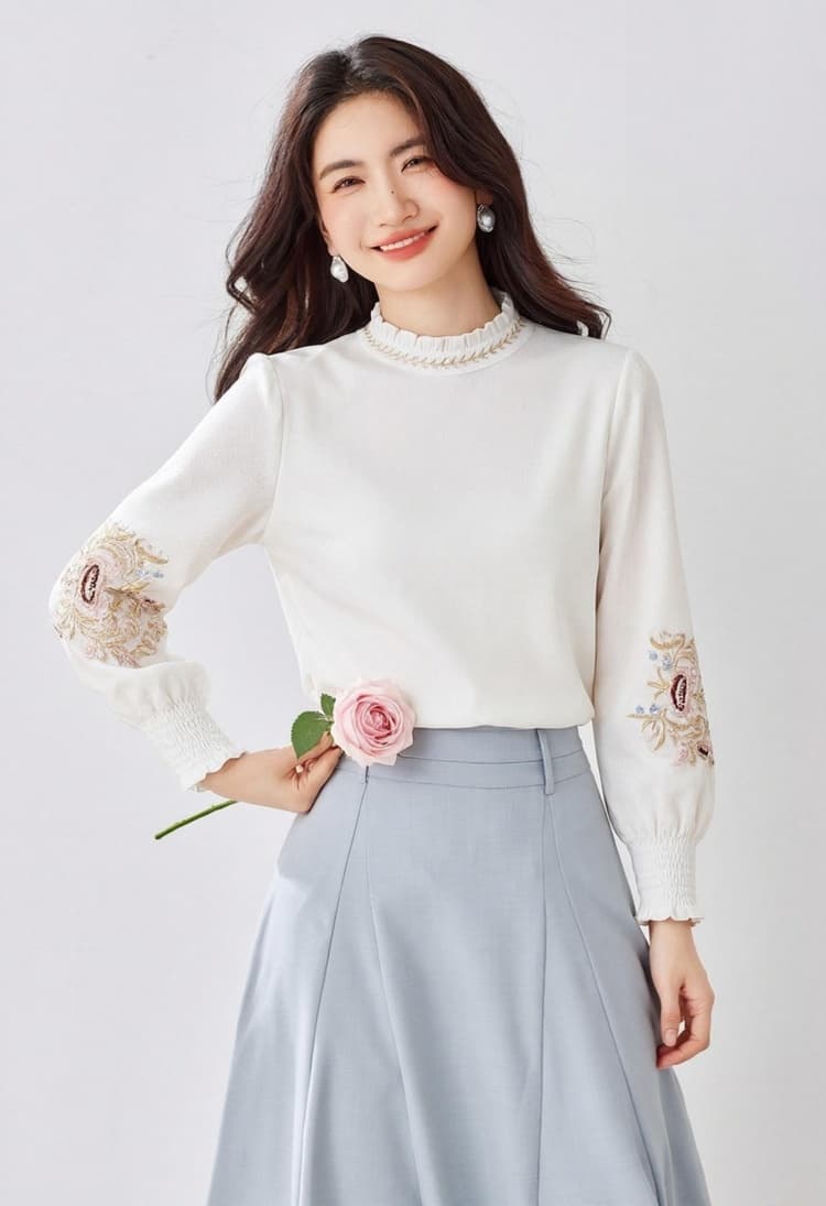 벨트 안감 2026 봄 가을 새로운 프릴 스탠드 칼라 벌룬 소매 쉬폰 블라우스 자수 다용도 기본 셔츠 여성 셔츠 상세 이미지 4