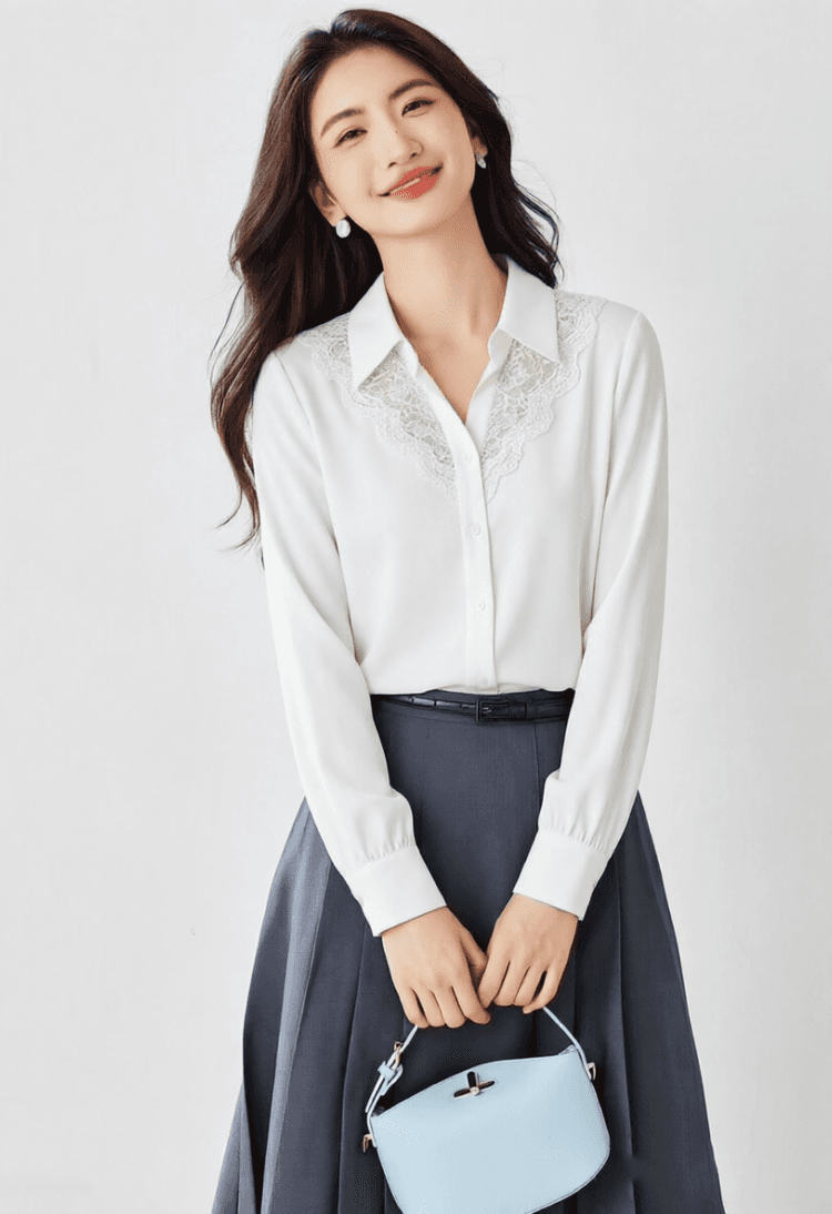 출퇴근 바람 화이트 레이스 폴로 칼라 긴팔 여성 셔츠 2026 년 가을 새로운 패션 디자인 센스 다용도 맨위 상세 이미지 8