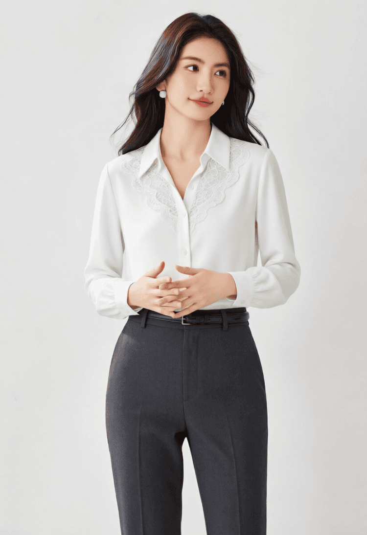 출퇴근 바람 화이트 레이스 폴로 칼라 긴팔 여성 셔츠 2026 년 가을 새로운 패션 디자인 센스 다용도 맨위 상세 이미지 9
