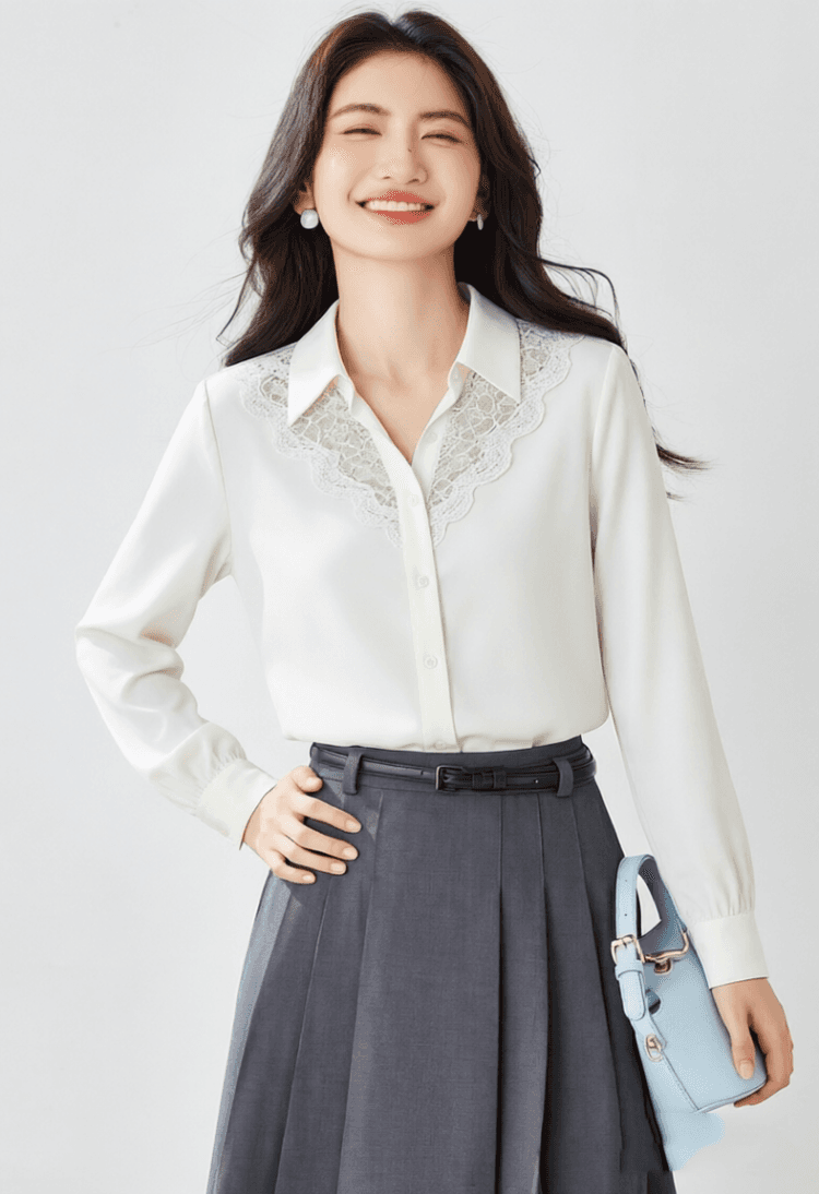 출퇴근 바람 화이트 레이스 폴로 칼라 긴팔 여성 셔츠 2026 년 가을 새로운 패션 디자인 센스 다용도 맨위 상세 이미지 10