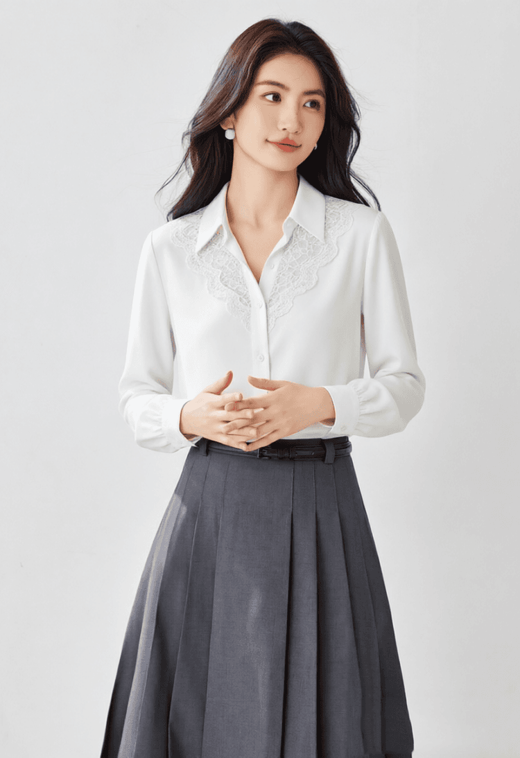 출퇴근 바람 화이트 레이스 폴로 칼라 긴팔 여성 셔츠 2026 년 가을 새로운 패션 디자인 센스 다용도 맨위 상세 이미지 11