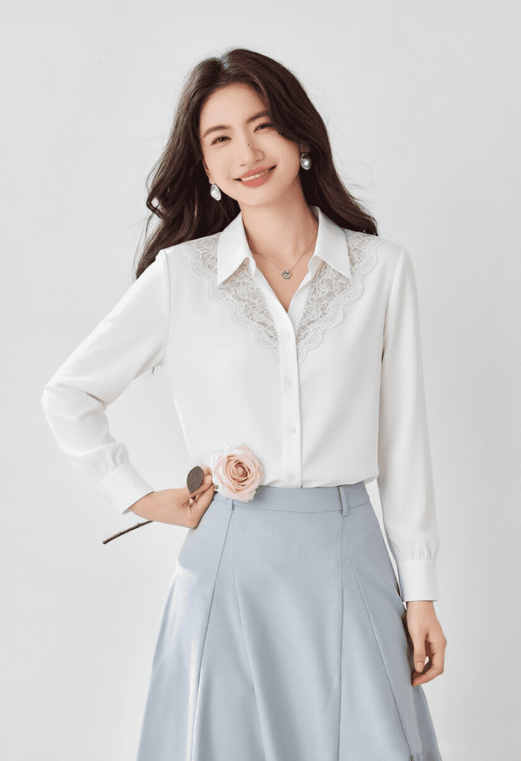출퇴근 바람 화이트 레이스 폴로 칼라 긴팔 여성 셔츠 2026 년 가을 새로운 패션 디자인 센스 다용도 맨위 상세 이미지 12