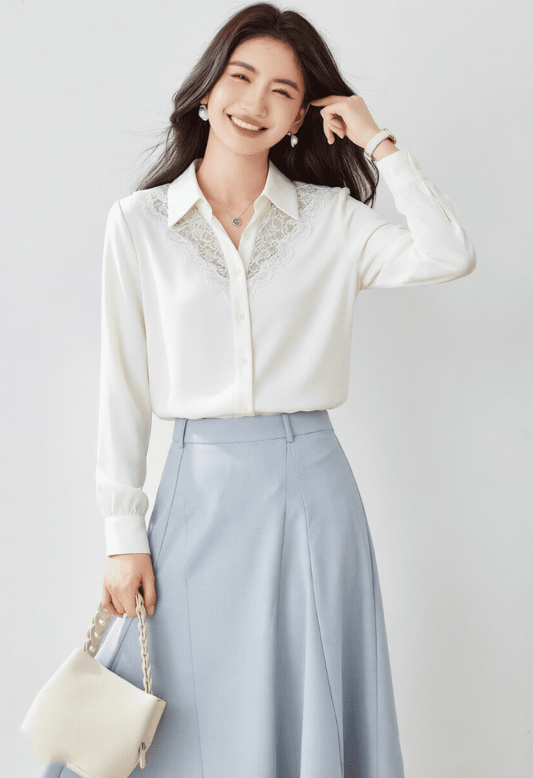 출퇴근 바람 화이트 레이스 폴로 칼라 긴팔 여성 셔츠 2026 년 가을 새로운 패션 디자인 센스 다용도 맨위 상세 이미지 13