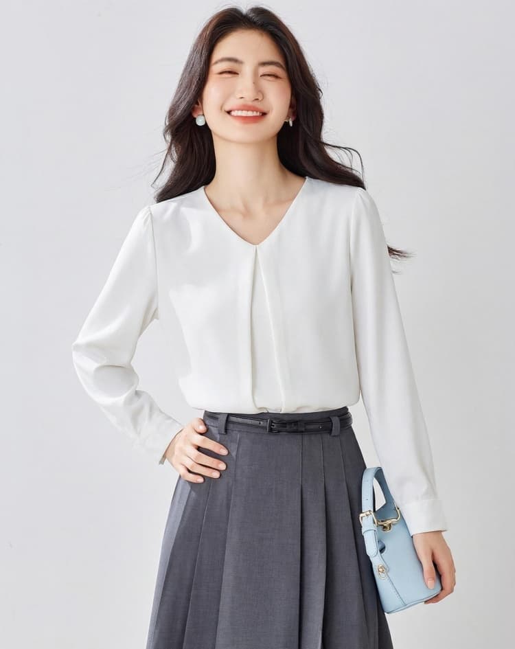 실사 봄 가을 한국 스타일 반팔 루즈핏 표지 배 쉬폰 블라우스 맨위 스탠드 칼라 패션 다용도 품격 외국 가스 작은 셔츠 상세 이미지 1