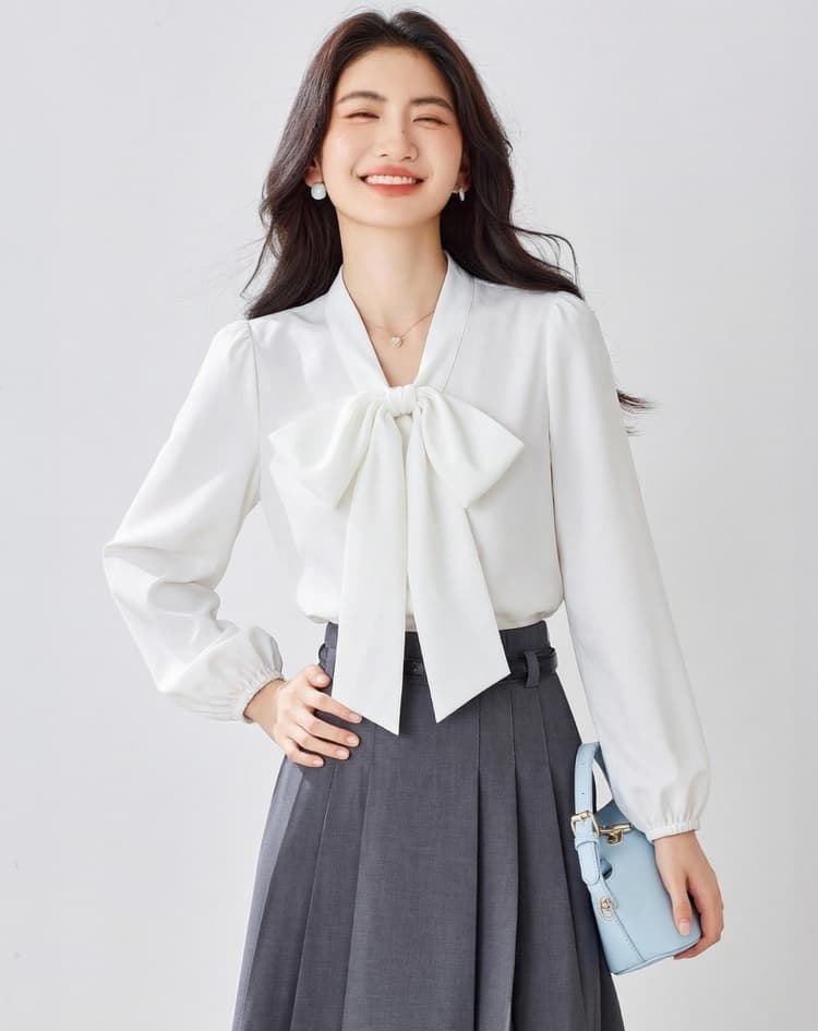 대 나비 매듭 셔츠 26 가을 칼라 사역 레이스업 세련된 품격 맨위 숙련 된 출퇴근 다용도 여성 셔츠 셔츠 상세 이미지 1
