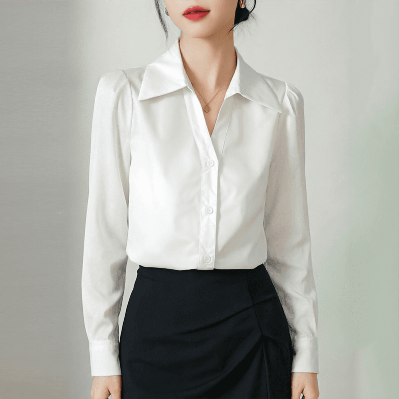 실사 화이트 긴팔 여성 셔츠 봄 가을 V넥 디자인 센스 작은 대중 작은 키 경력 출퇴근 면접 셔츠 이미지 4