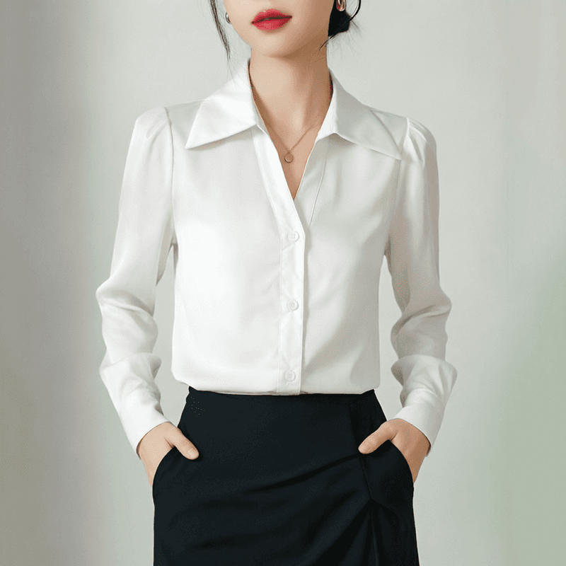 실사 화이트 긴팔 여성 셔츠 봄 가을 V넥 디자인 센스 작은 대중 작은 키 경력 출퇴근 면접 셔츠