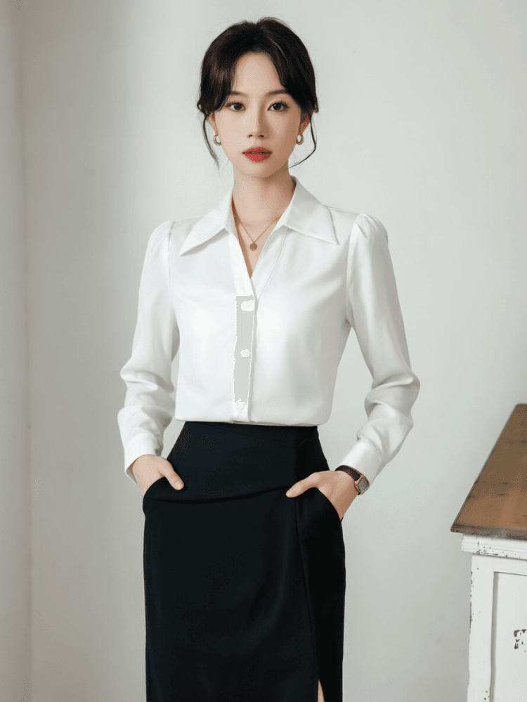 실사 화이트 긴팔 여성 셔츠 봄 가을 V넥 디자인 센스 작은 대중 작은 키 경력 출퇴근 면접 셔츠 상세 이미지 9