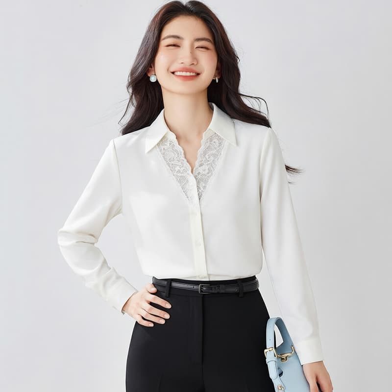 화이트 레이스 레이스 V넥 긴팔 여성 셔츠 2026 봄 가을 새로운 부드러운 슈퍼 잘 생긴 슬림해 보이는 맨위