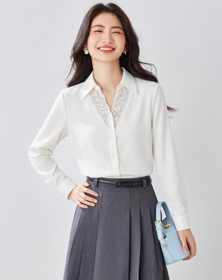 화이트 레이스 레이스 V넥 긴팔 여성 셔츠 2026 봄 가을 새로운 부드러운 슈퍼 잘 생긴 슬림해 보이는 맨위 상세 이미지 7