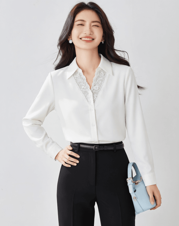 화이트 레이스 레이스 V넥 긴팔 여성 셔츠 2026 봄 가을 새로운 부드러운 슈퍼 잘 생긴 슬림해 보이는 맨위 상세 이미지 10