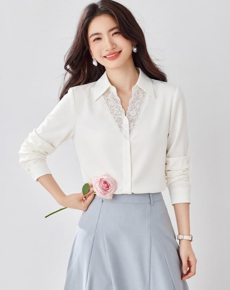화이트 레이스 레이스 V넥 긴팔 여성 셔츠 2026 봄 가을 새로운 부드러운 슈퍼 잘 생긴 슬림해 보이는 맨위 상세 이미지 12
