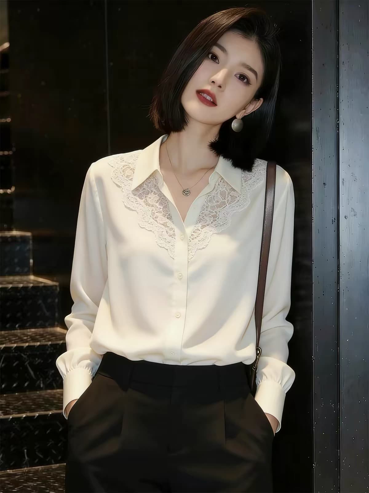 출퇴근 바람 화이트 레이스 폴로 칼라 긴팔 여성 셔츠 2026 년 가을 새로운 패션 디자인 센스 다용도 맨위