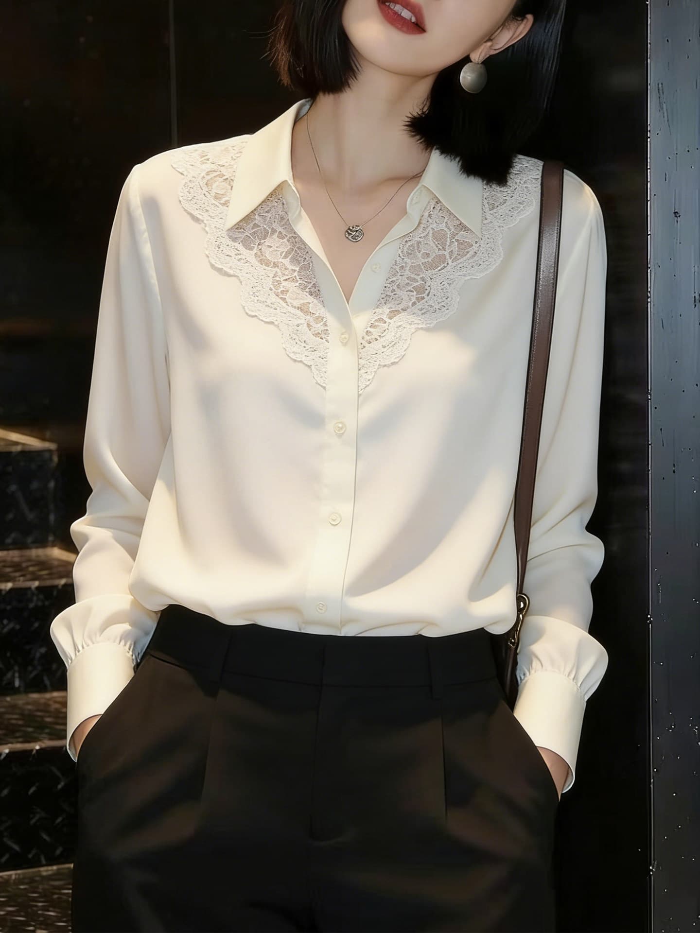 출퇴근 바람 화이트 레이스 폴로 칼라 긴팔 여성 셔츠 2026 년 가을 새로운 패션 디자인 센스 다용도 맨위 상세 이미지 7