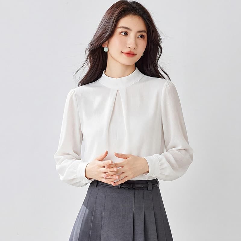 실사 26 봄 한국 스타일 긴팔 루즈핏 표지 배 쉬폰 블라우스 맨위 스탠드 칼라 패션 다용도 품격 외국 가스 작은 셔츠 이미지 5