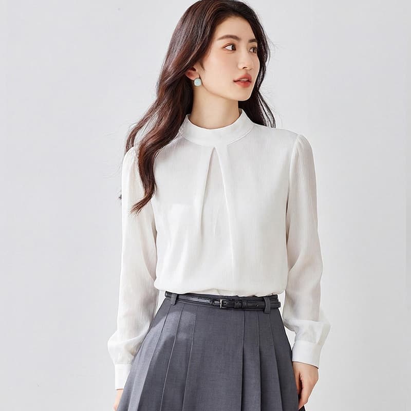 실사 26 봄 한국 스타일 긴팔 루즈핏 표지 배 쉬폰 블라우스 맨위 스탠드 칼라 패션 다용도 품격 외국 가스 작은 셔츠 이미지 4
