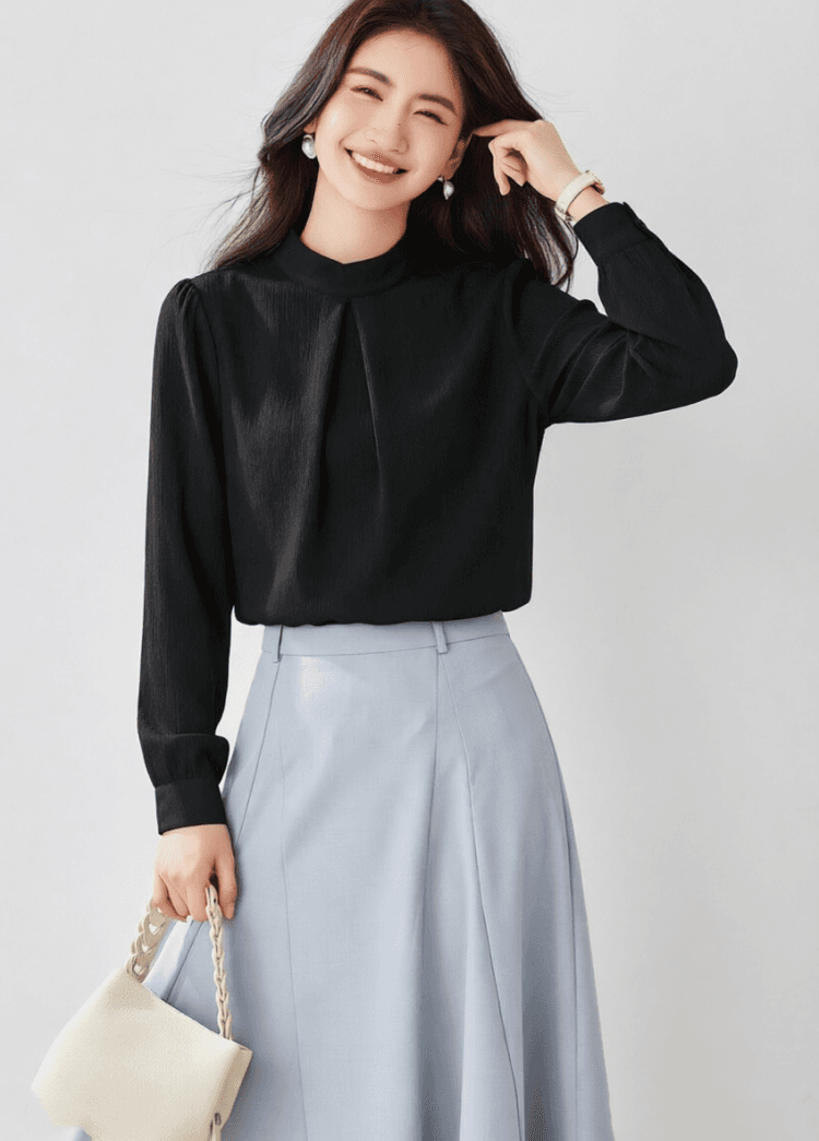 실사 26 봄 한국 스타일 긴팔 루즈핏 표지 배 쉬폰 블라우스 맨위 스탠드 칼라 패션 다용도 품격 외국 가스 작은 셔츠 상세 이미지 7