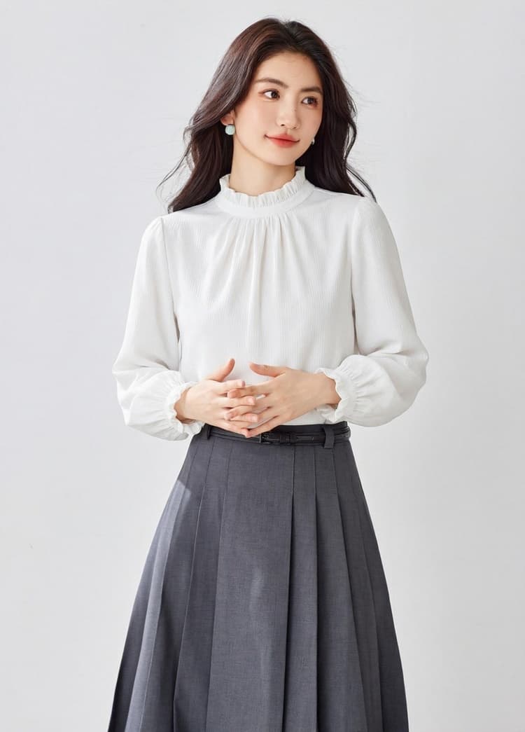 프랑스식 우아함 2026 봄 가을 출퇴근 프릴 스택 착용 긴팔 여성 셔츠 화이트 인사이드 가져 가라. 쉬폰 블라우스 맨위 상세 이미지 1