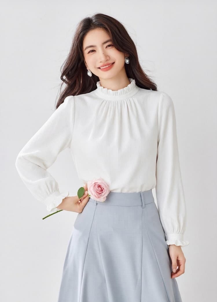프랑스식 우아함 2026 봄 가을 출퇴근 프릴 스택 착용 긴팔 여성 셔츠 화이트 인사이드 가져 가라. 쉬폰 블라우스 맨위 상세 이미지 6