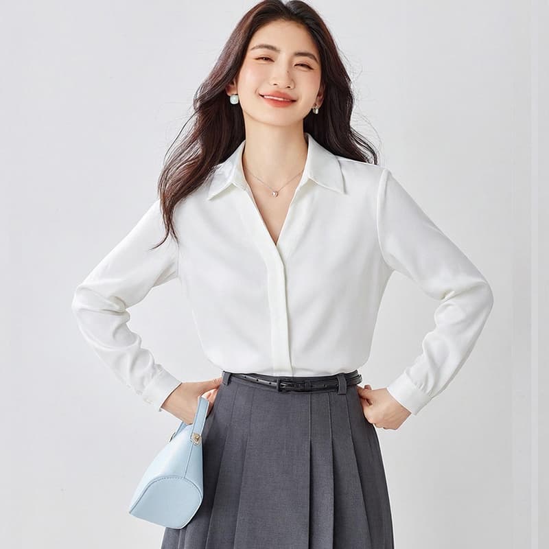 실사 2026 봄 가을 켜기 새로운 미니멀리즘 관대 한 파란색 셔츠 여성 의류 슬림해 보이는 긴팔 대양 품격 광장 칼라 맨위 이미지 5