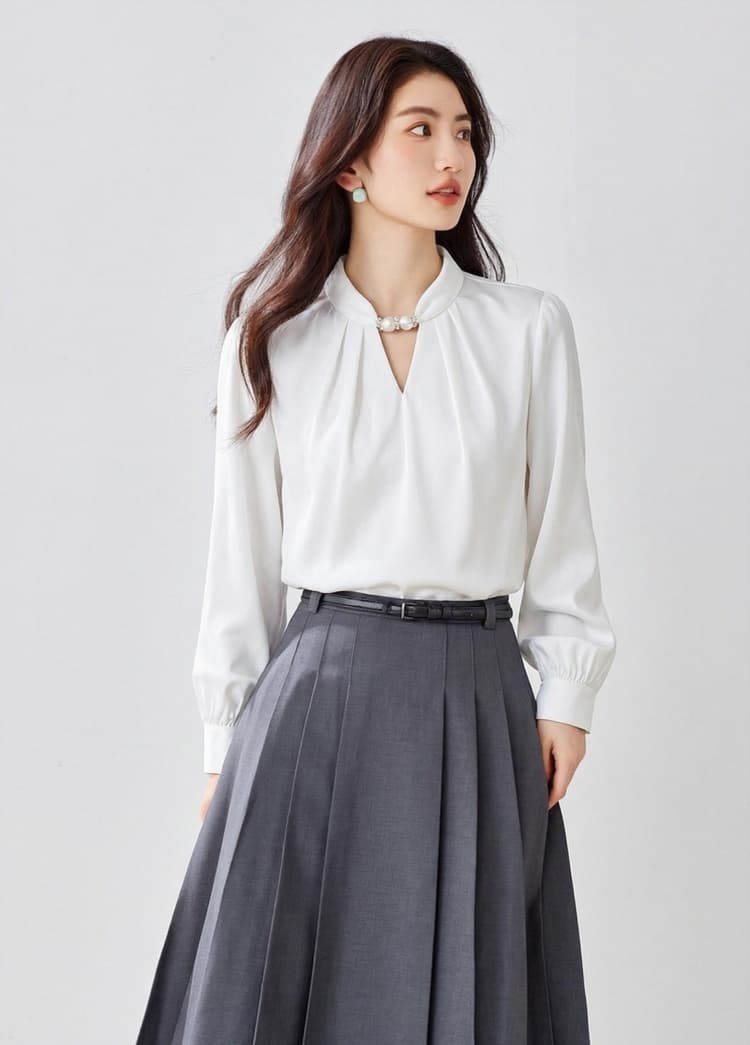 프랑스식 작은 대중 행침 목 스탠드 칼라 비즈 여성 셔츠 26 봄 가을 새로운 풀오버 새틴 품격 출퇴근 경력 맨위 상세 이미지 6